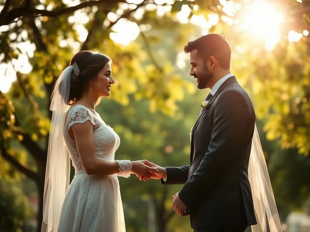 A beautifully decorated wedding venue with a bride and groom exchanging vows under a floral arch, capturing the essence of a romantic and elegant wedding planned by 2FeelMagic.