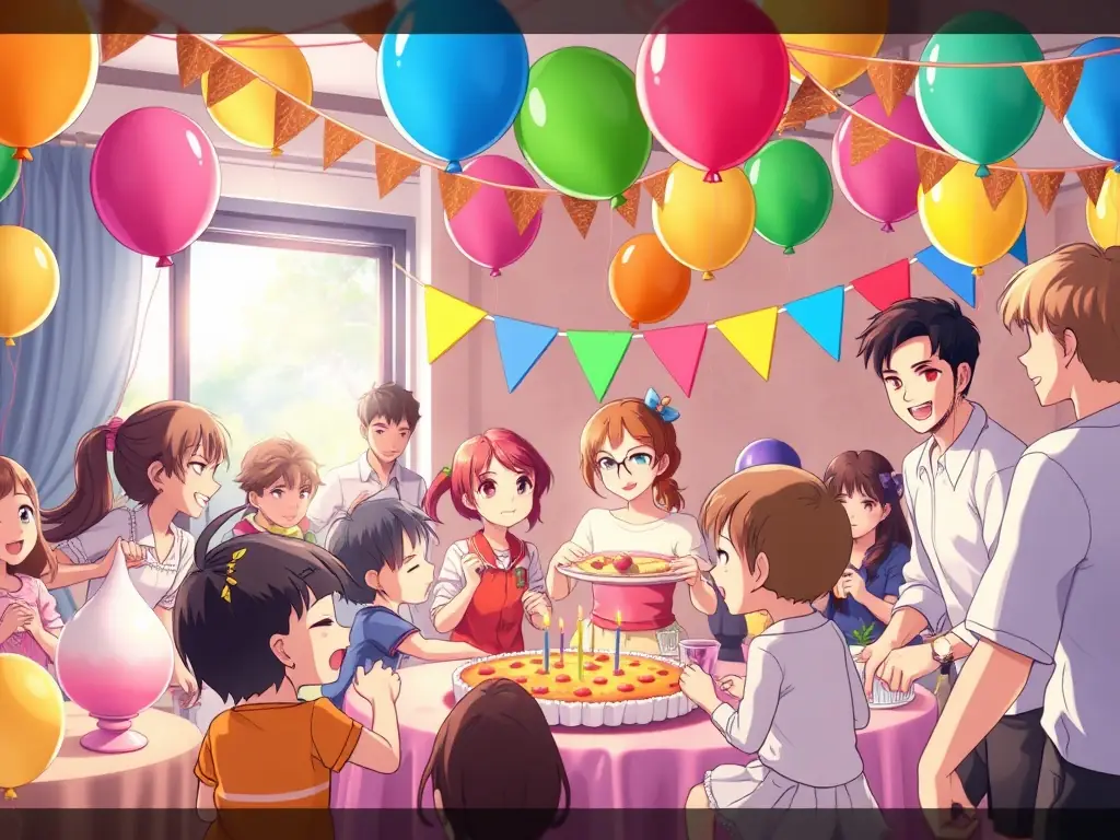 A vibrant birthday party scene with colorful decorations, entertainment, and guests dancing, reflecting 2FeelMagic's ability to create fun and memorable private parties.