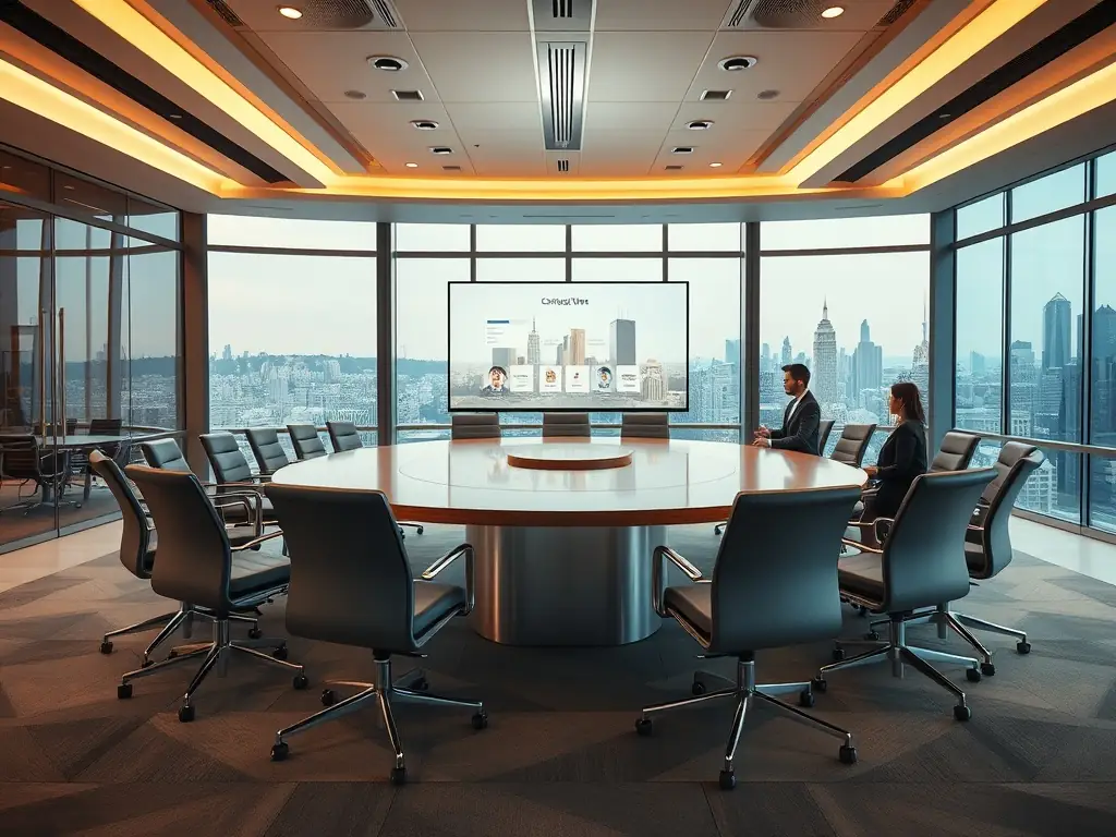 A modern conference room set up for a corporate presentation, featuring branding elements, professional lighting, and a sophisticated atmosphere, showcasing 2FeelMagic's expertise in corporate event planning.
