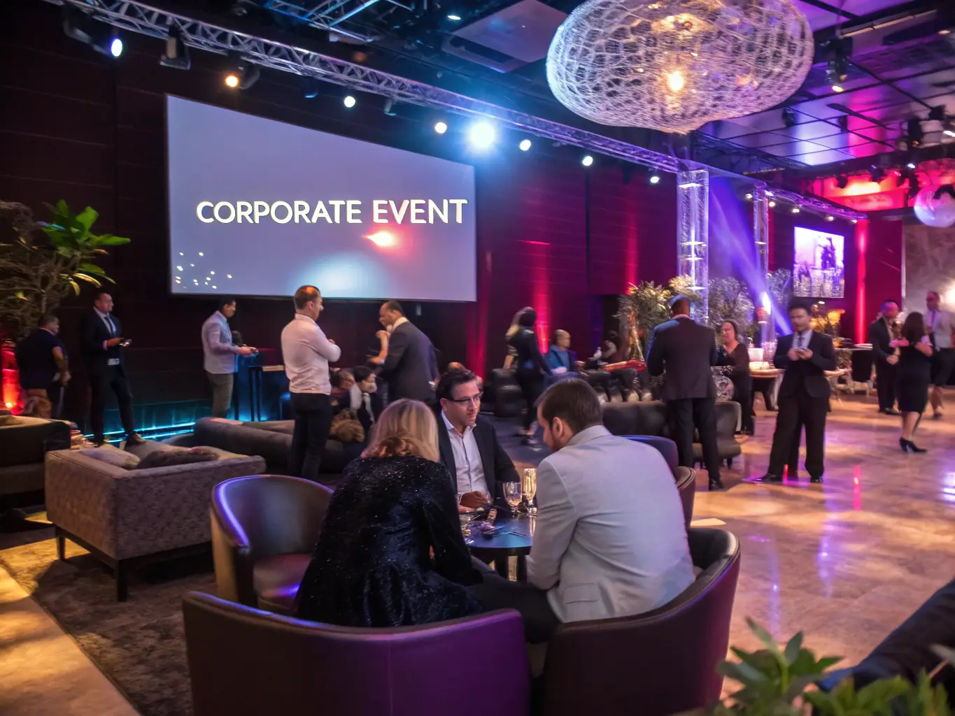 A modern corporate event setup with branding displays, interactive stations, and a networking lounge, showcasing 2FeelMagic's expertise in organizing professional corporate events.