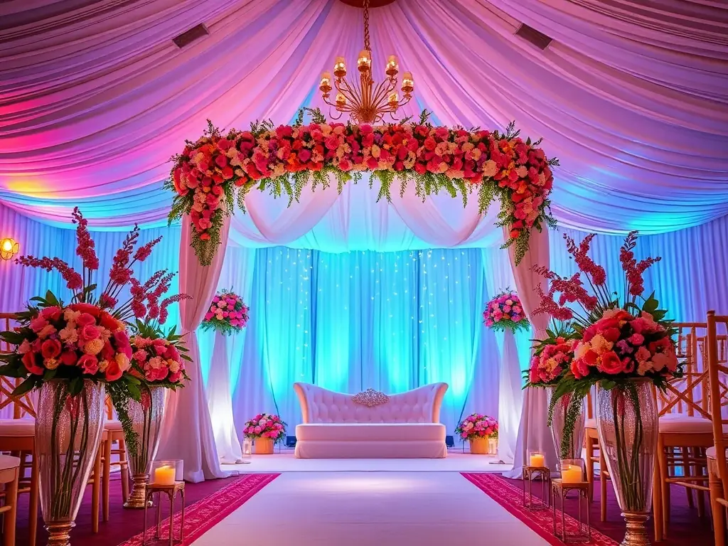 A beautifully decorated wedding venue with elegant floral arrangements, soft lighting, and a romantic ambiance, capturing the essence of a dream wedding planned by 2FeelMagic.