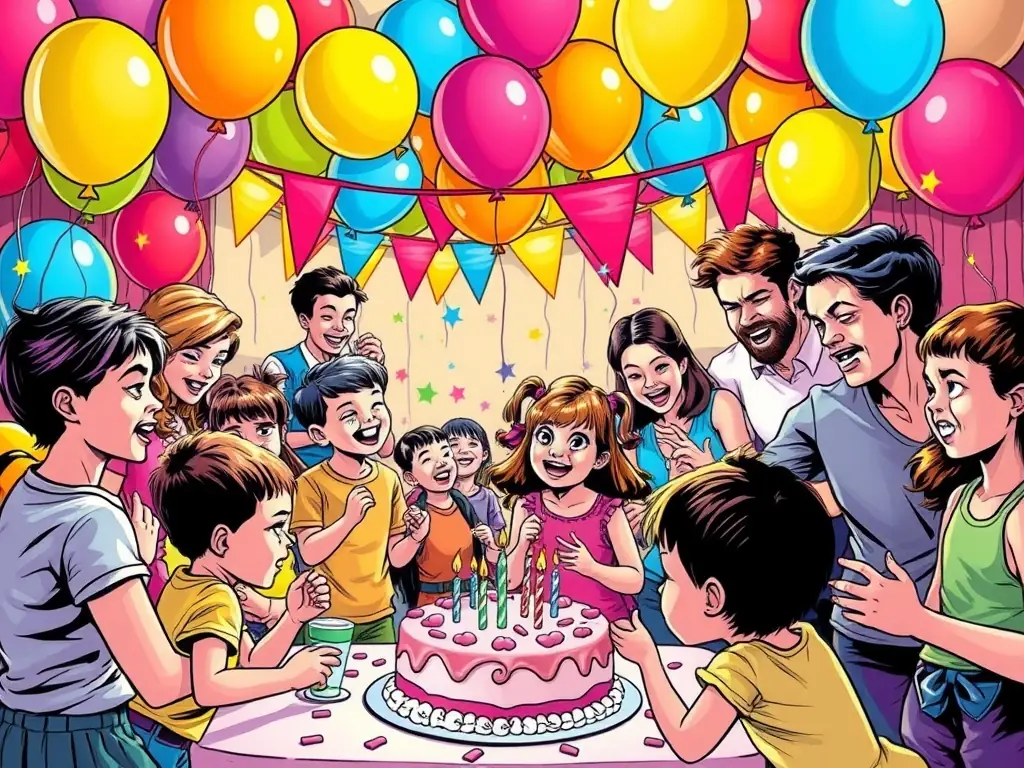 A lively birthday party with colorful decorations, happy guests, and a vibrant atmosphere, capturing the fun and excitement of a private event planned by 2FeelMagic.