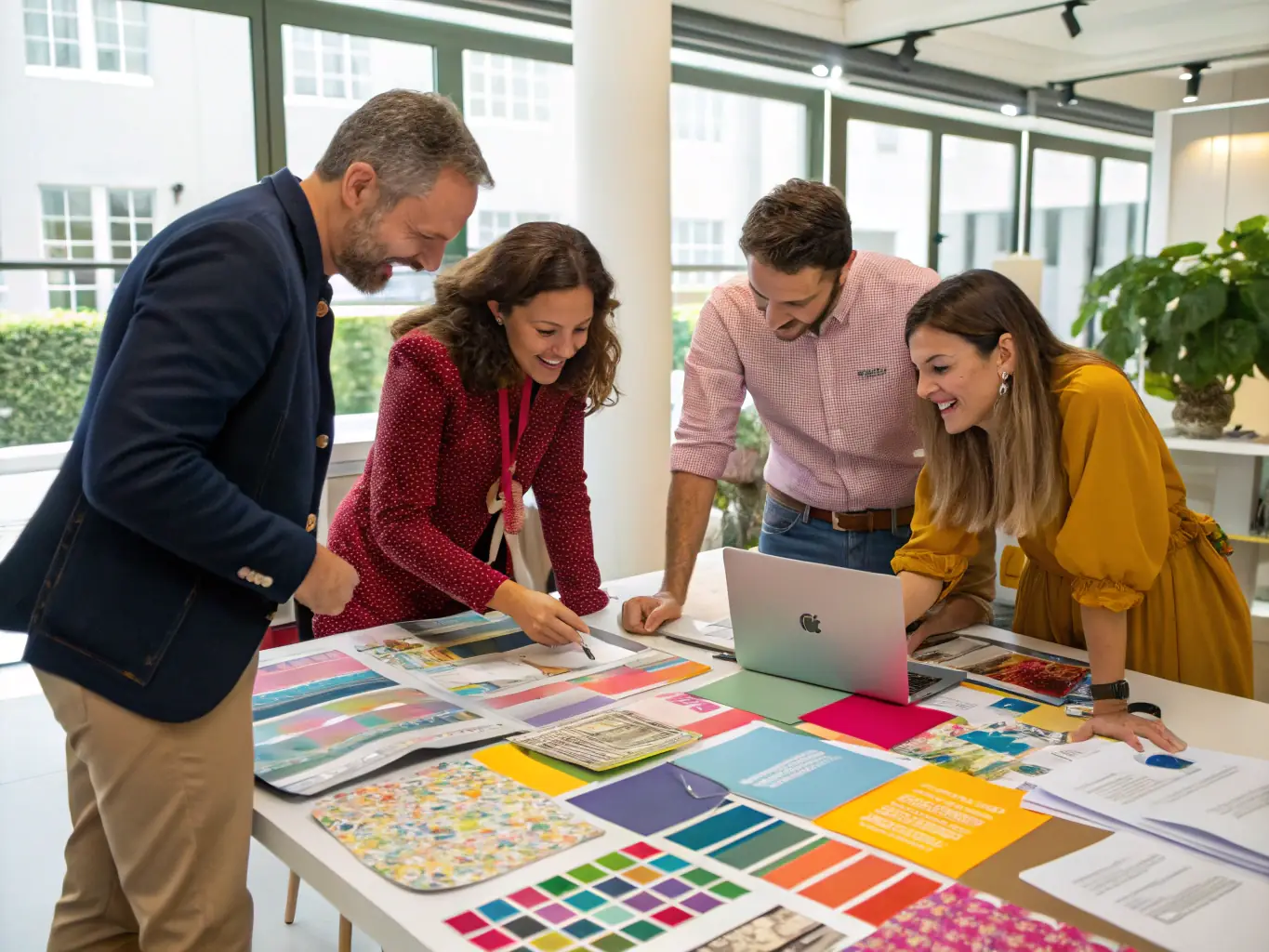 A photo depicting a creative brainstorming session with event planners sketching ideas and discussing themes, surrounded by mood boards and design samples.