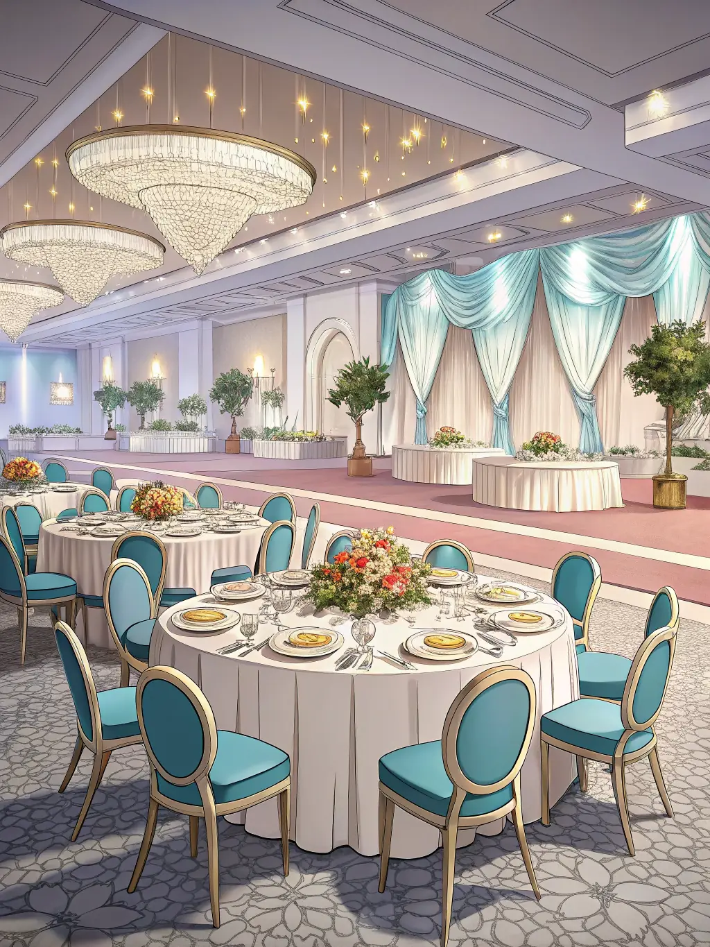 A behind-the-scenes shot of event staff setting up a venue with elegant decorations, arranging tables, and coordinating lighting, showcasing the meticulous preparation.