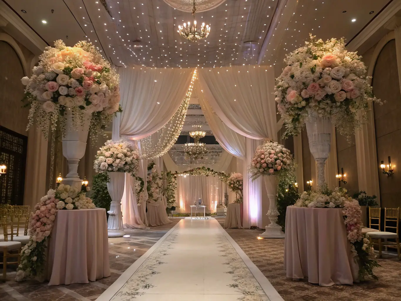 A beautifully decorated wedding venue with elegant floral arrangements and soft lighting, capturing the magical ambiance of a 2FeelMagic wedding.