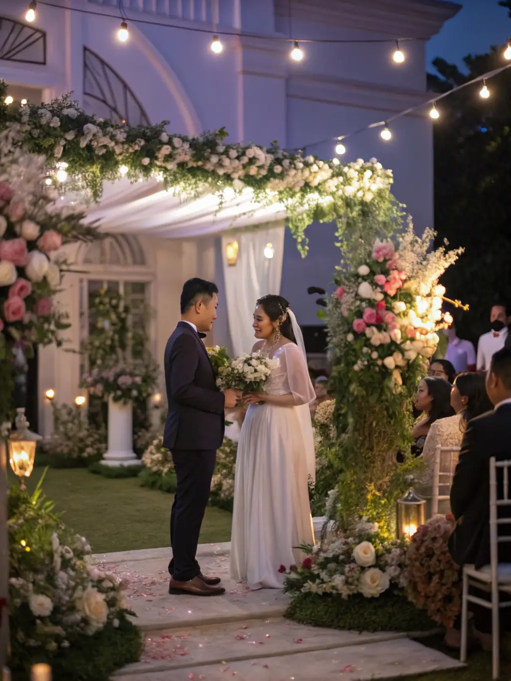 A small, intimate wedding ceremony with close family and friends, set in a cozy and romantic venue, emphasizing personal connections.