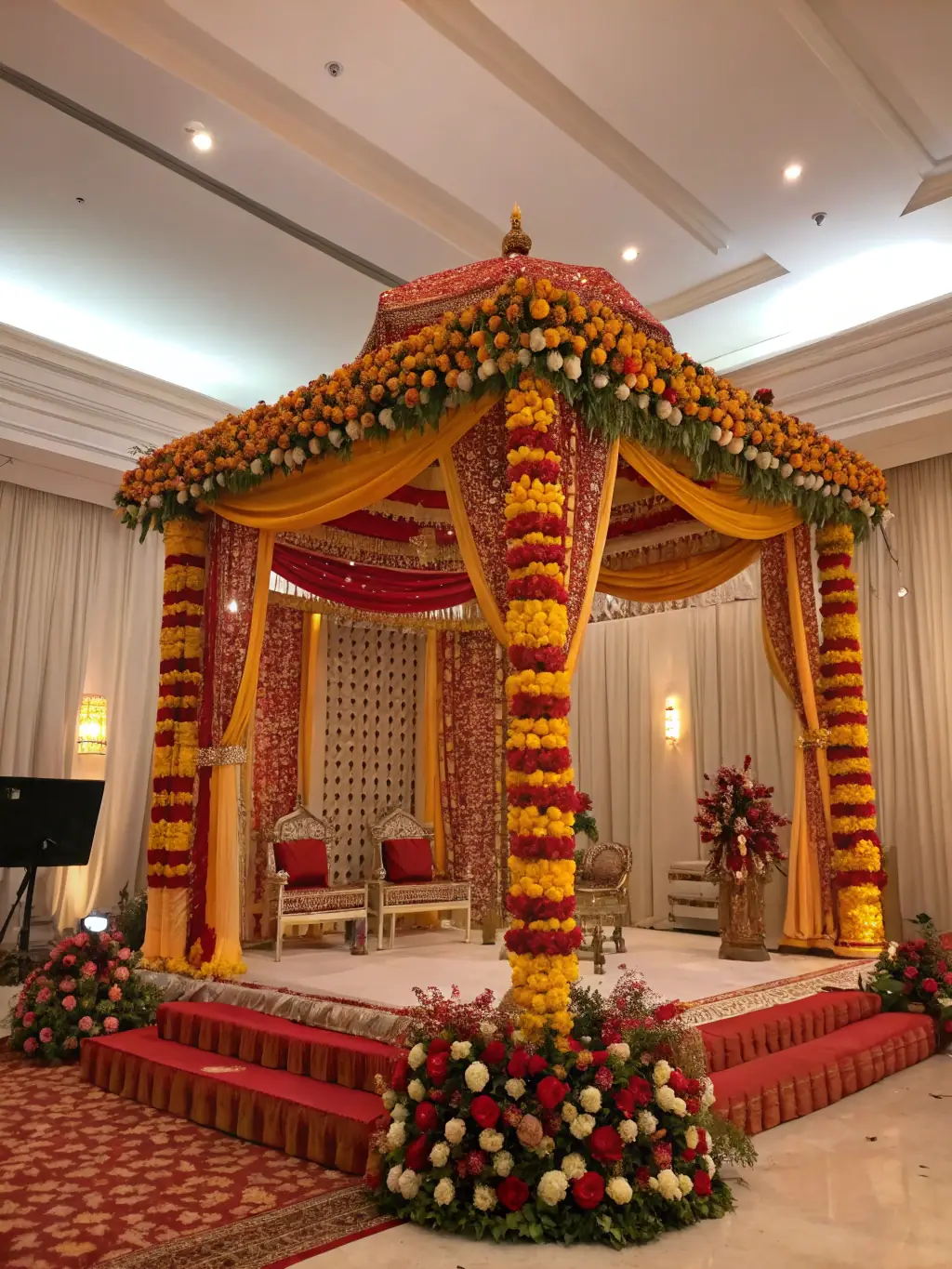 A beautifully decorated mandap at a traditional Indian wedding, showcasing vibrant colors and intricate designs, symbolizing the sacred union.