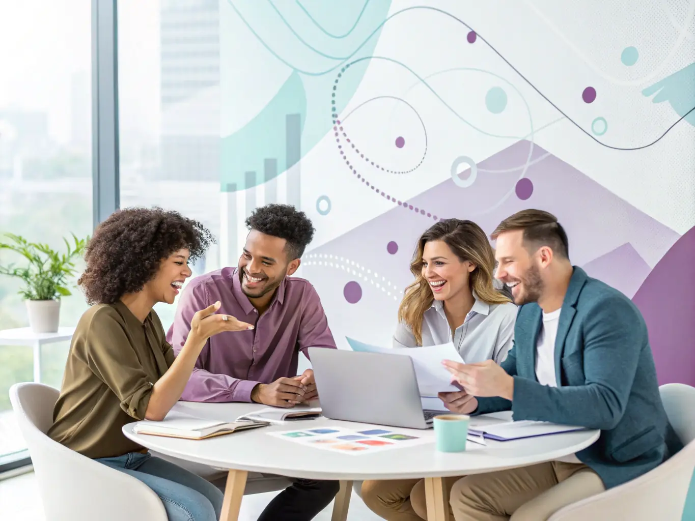 A diverse group of event planners collaborating around a table, reviewing plans and discussing logistics, with laptops and documents spread out. The atmosphere is collaborative and focused.