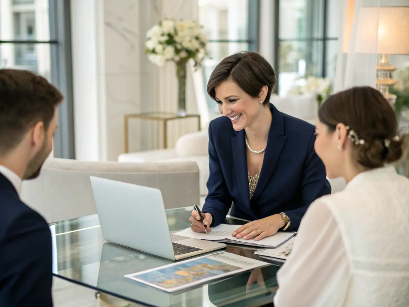 A professional wedding planner from 2FeelMagic consulting with a happy couple, reviewing wedding plans and discussing their vision for the big day.