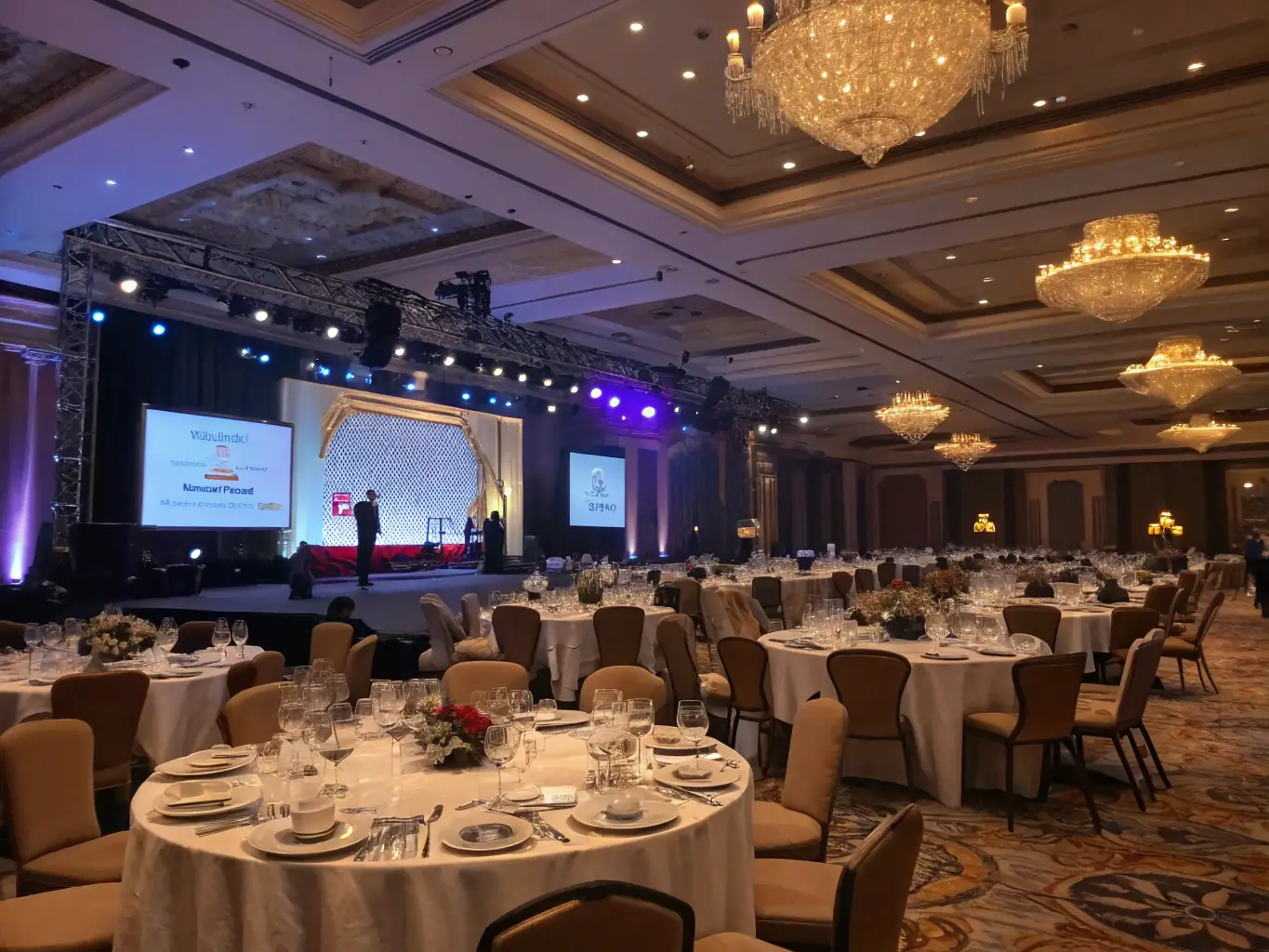 A brightly lit and elegantly decorated corporate event hall with round tables, each set for dinner, and a stage with a podium at the front, ready for a speaker. The scene conveys professionalism and attention to detail.