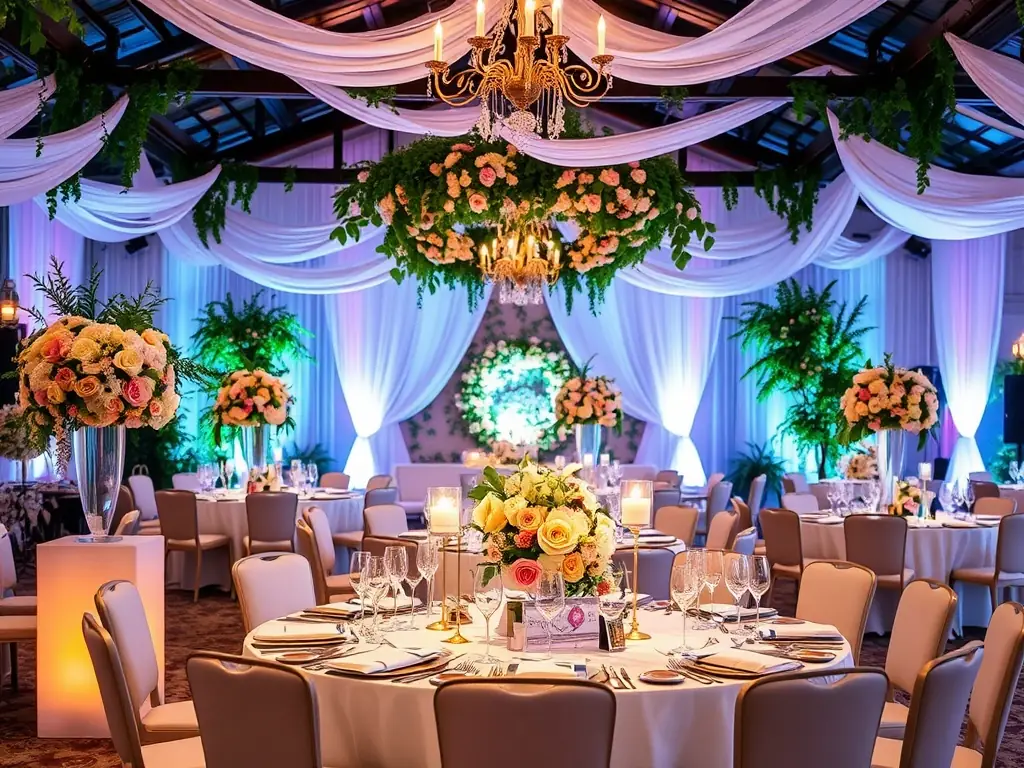 A beautifully decorated wedding venue with floral arrangements, soft lighting, and a romantic ambiance. The setting is elegant and inviting, perfect for a memorable wedding celebration.