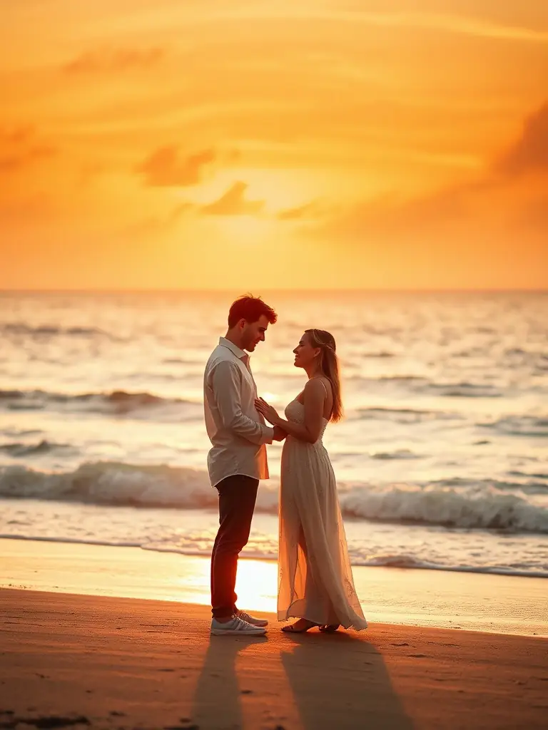 A destination wedding on a beautiful beach, with the bride and groom exchanging vows against the backdrop of the ocean and sunset.